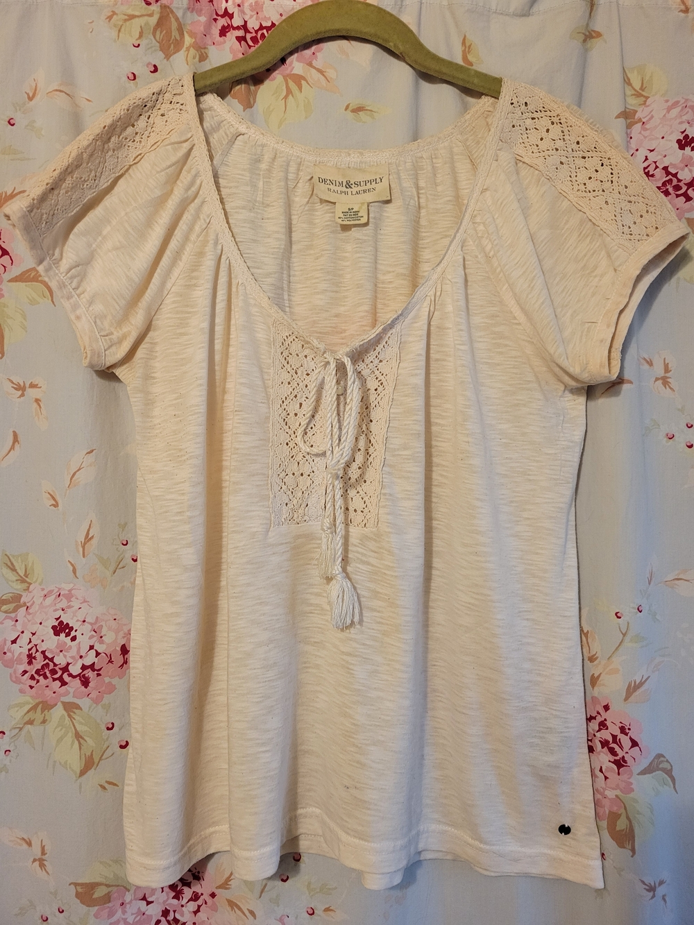 Vintage Denim & Supply Ralph Lauren Cream Button Up Tassel Knit Top Size Small